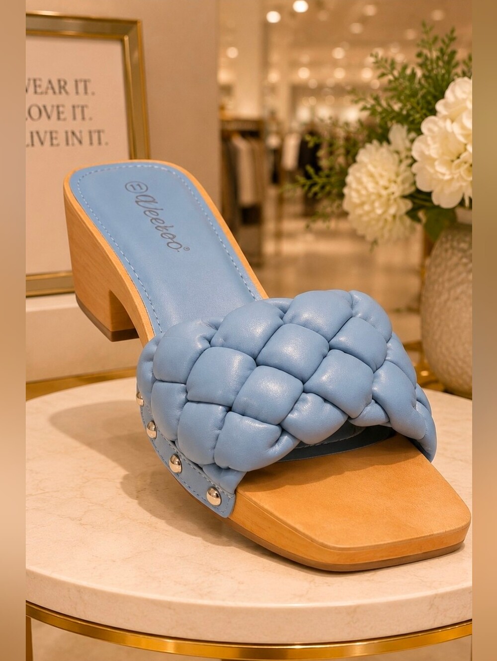 Weeboo Women’s Braided Wood Slide Sandals – Powder Blue – Size 11 – New in Box